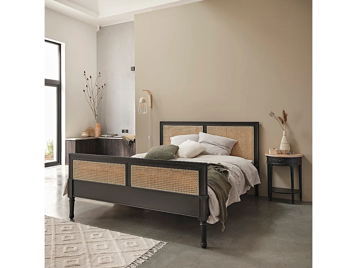 Lit en bois massif et cannage 160 cm avec sommier