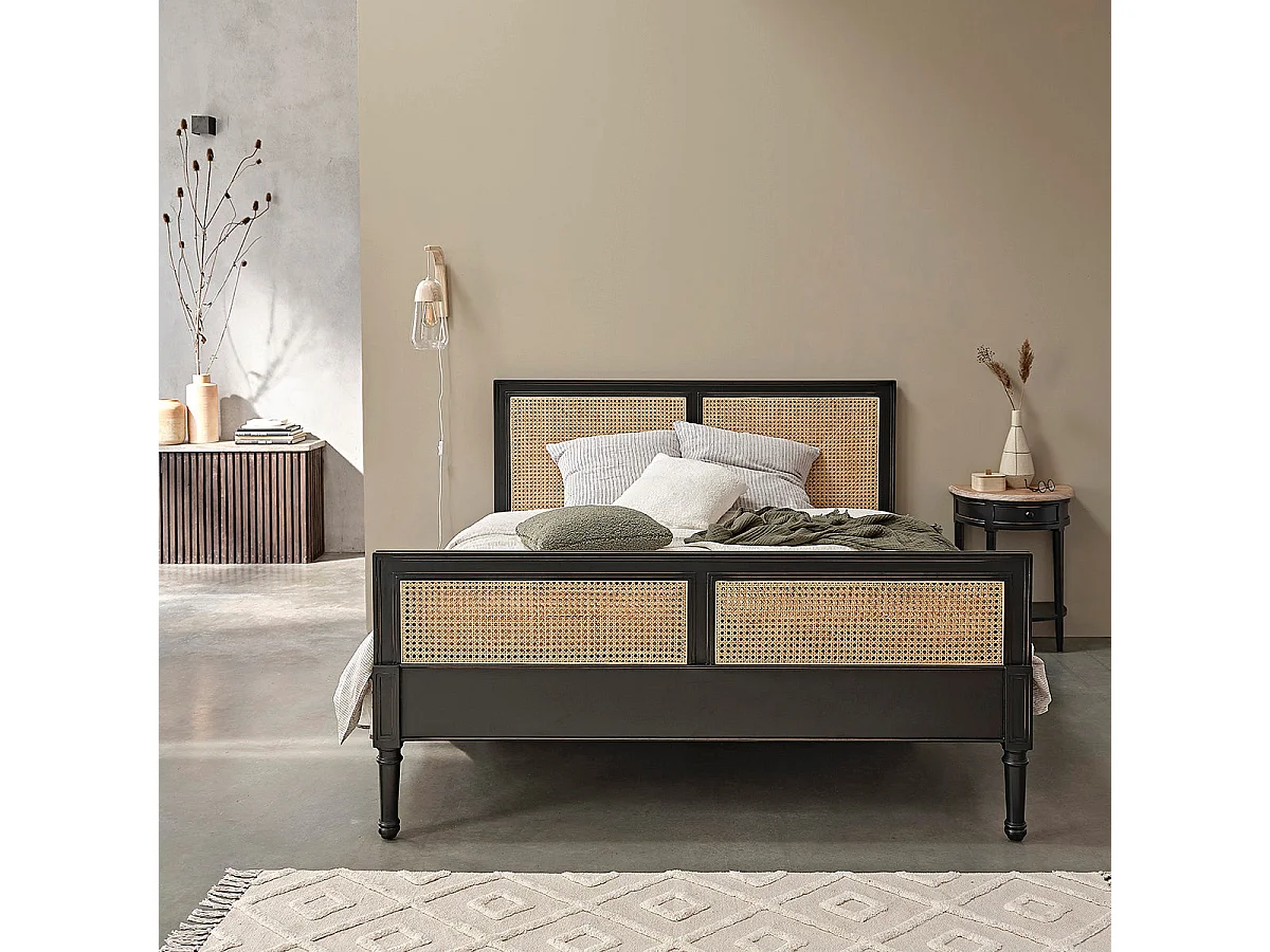 Lit en acajou massif massif et cannage 160 cm avec sommier
