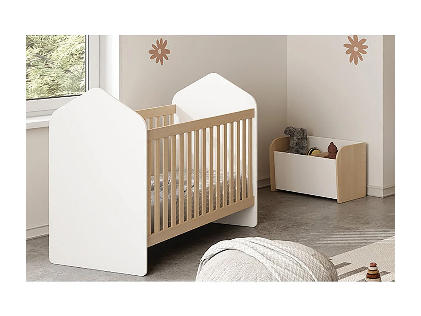 KAINA - Pack Lit Bébé Cabane 60x120cm + Coffre à Jouets Coloris Blanc et Naturel