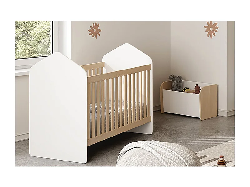 KAINA - Pack Lit Bébé Cabane 60x120cm + Coffre à Jouets Coloris Blanc et Naturel