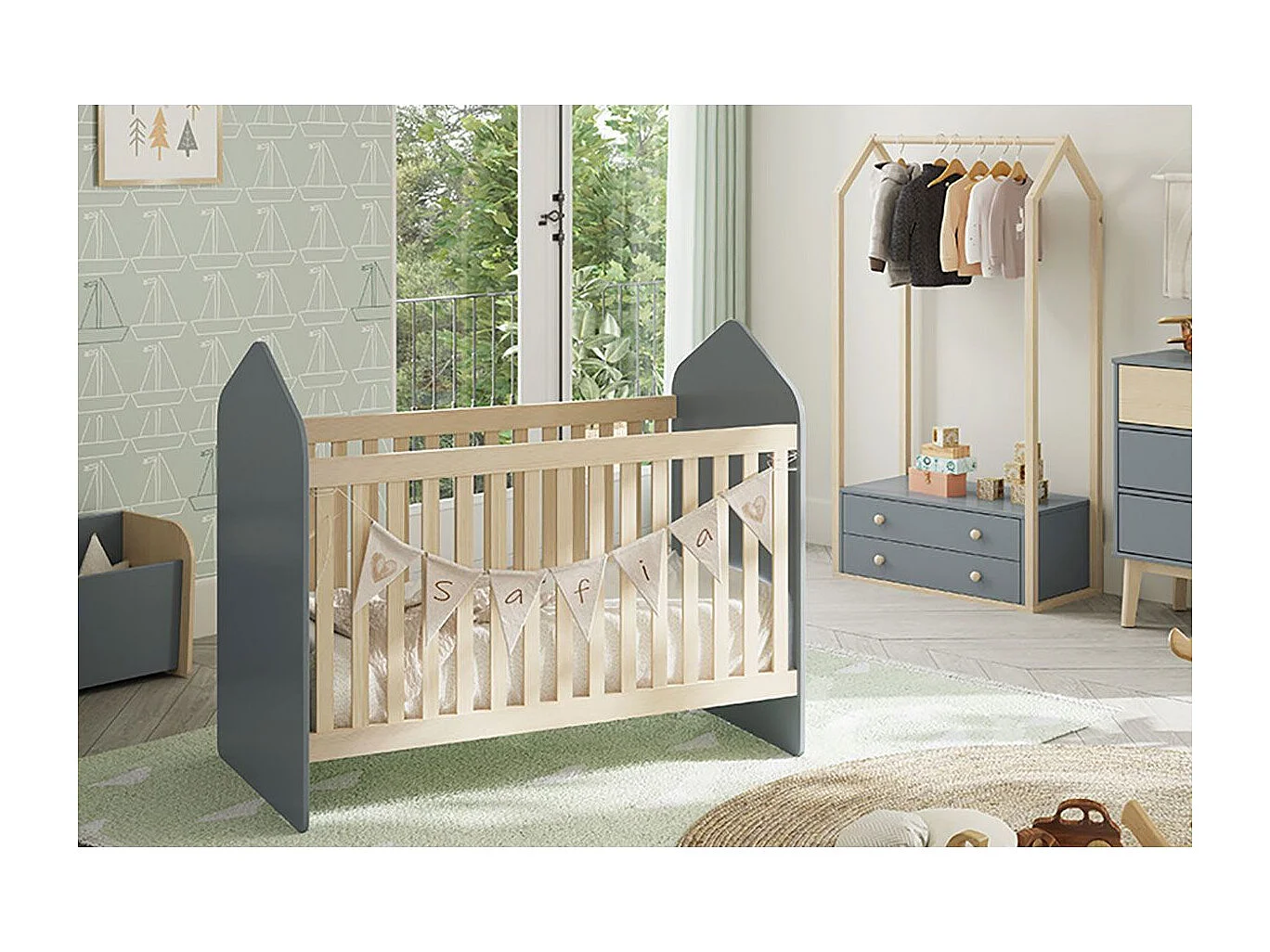 KAINA - Pack Lit Bébé Cabane 60x120cm + Penderie Coloris Gris et Naturel