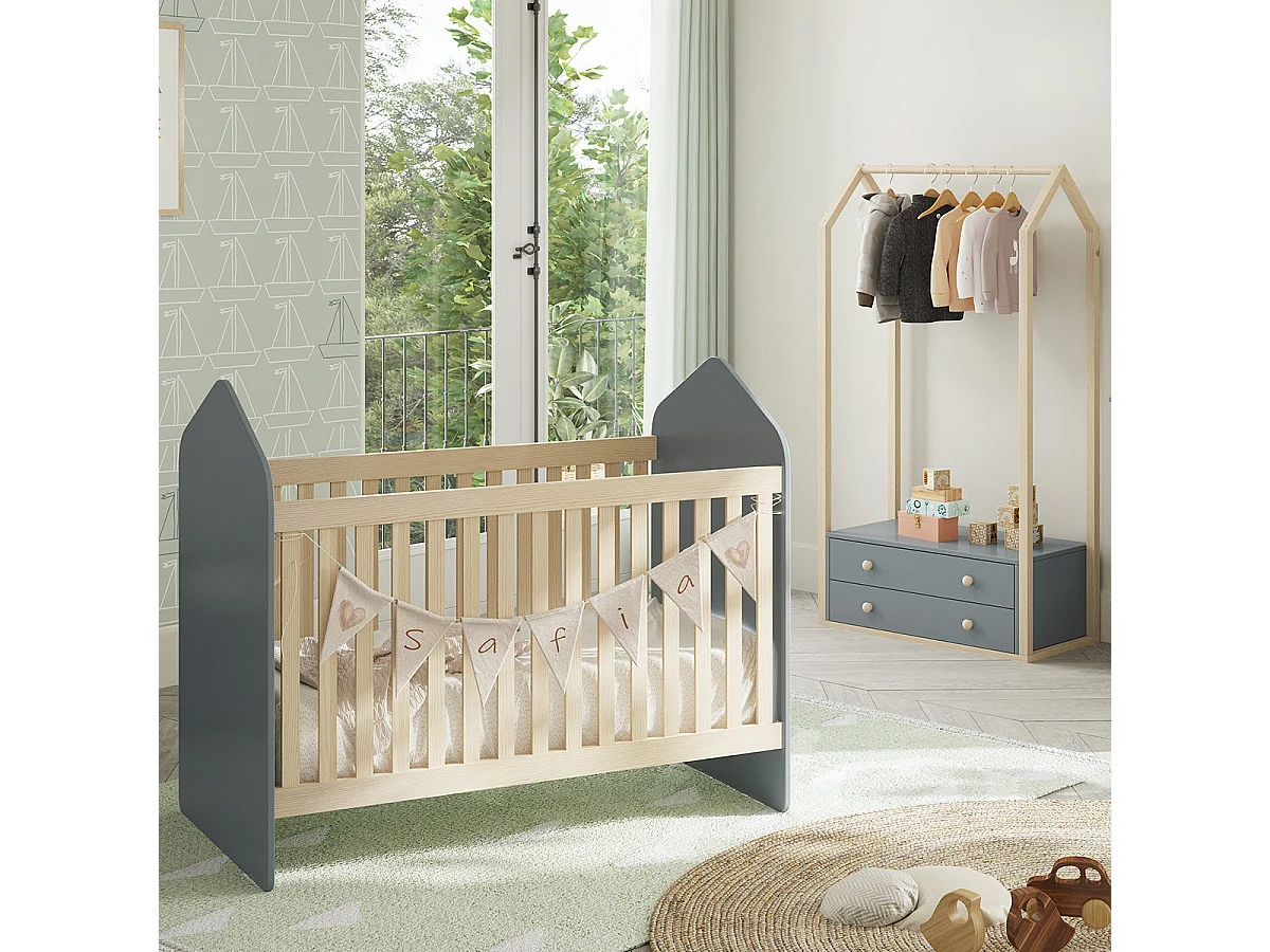 KAINA - Pack Lit Bébé Cabane 60x120cm + Penderie Coloris Gris et Naturel
