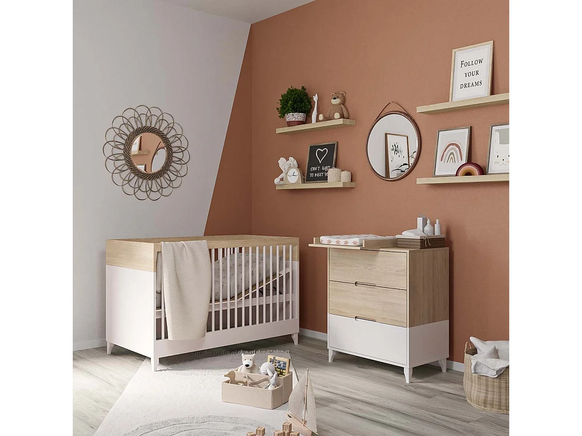Mini Chambre bébé 70x130 cm panneaux de fibres blanc et bois DIXIE