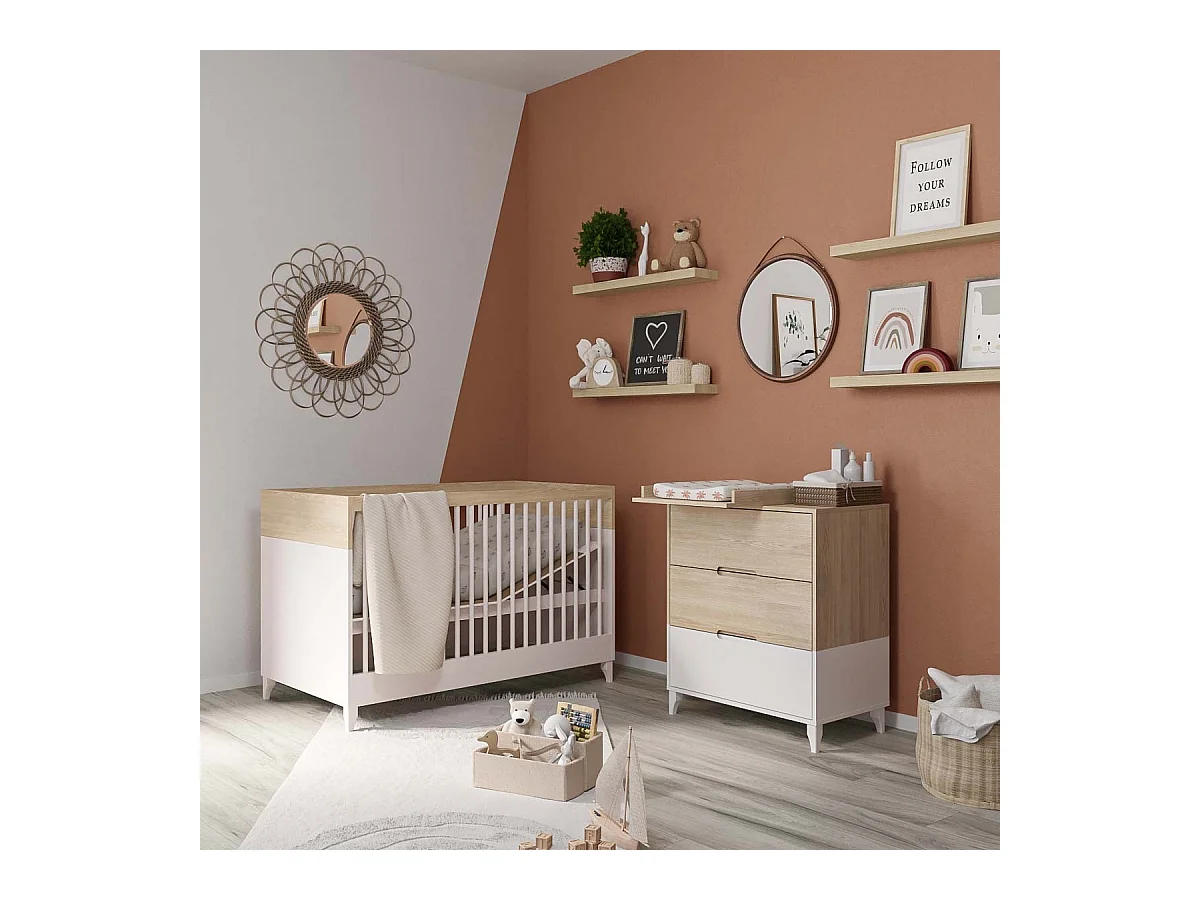 Mini Chambre bébé 70x130 cm panneaux de fibres blanc et bois DIXIE