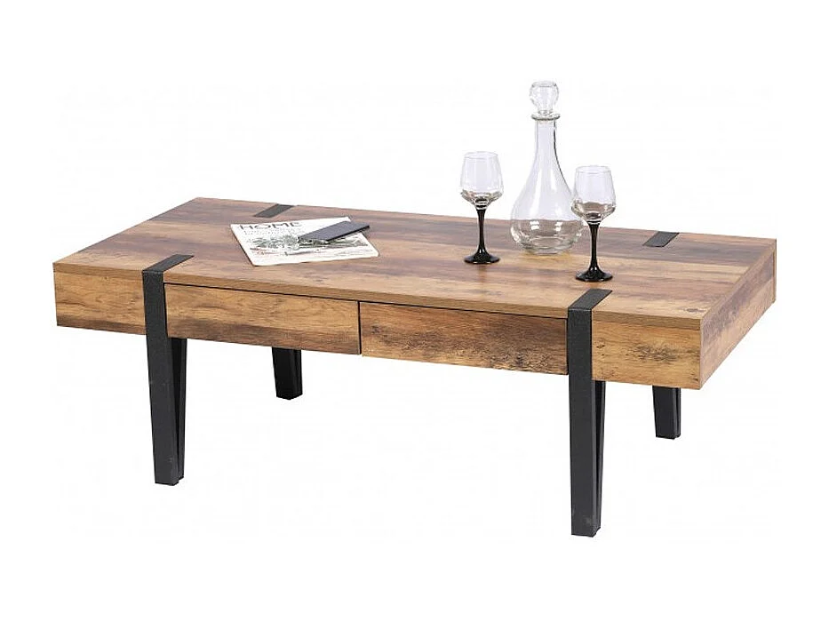 Table Basse LOVY – Bois avec Pieds en Métal, 2 Tiroirs