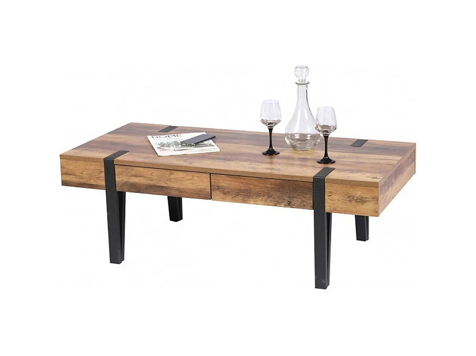 Table Basse LOVY – Bois avec Pieds en Métal, 2 Tiroirs