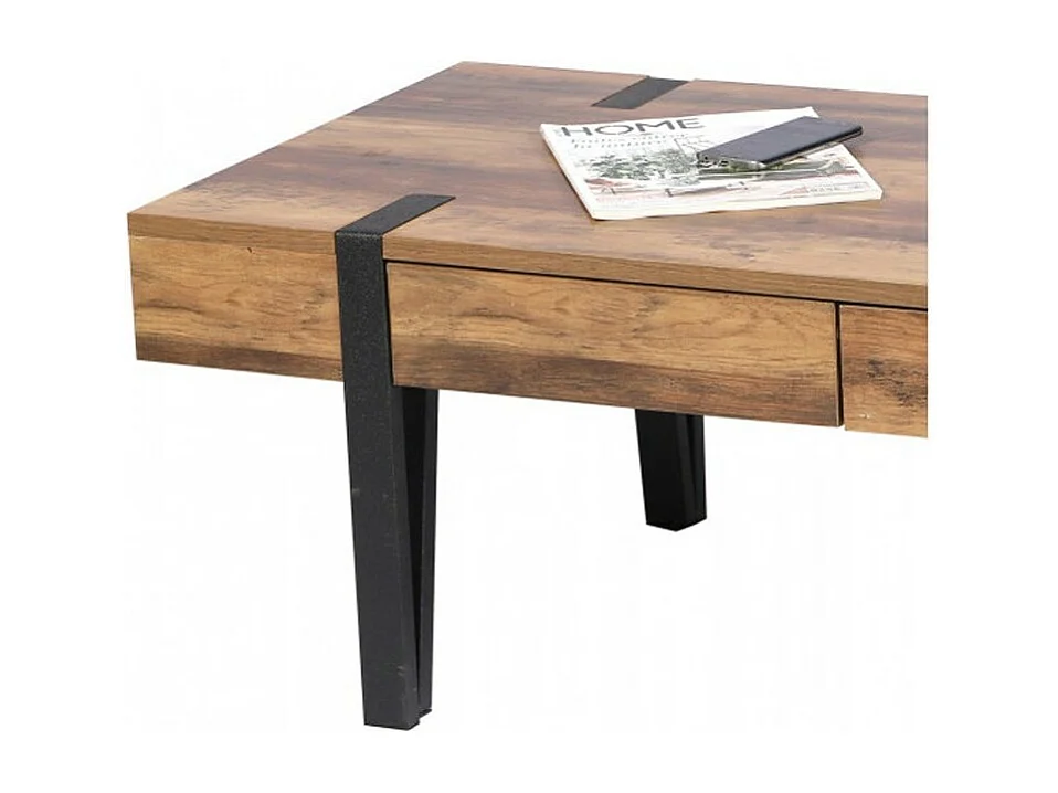 Table Basse LOVY – Bois avec Pieds en Métal, 2 Tiroirs
