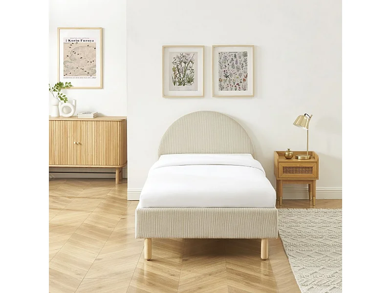 Lit enfant MAGNUS velours cotelé beige 90x190 sommier inclus