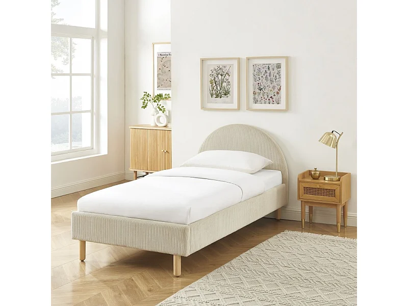 Lit enfant MAGNUS velours cotelé beige 90x190 sommier inclus