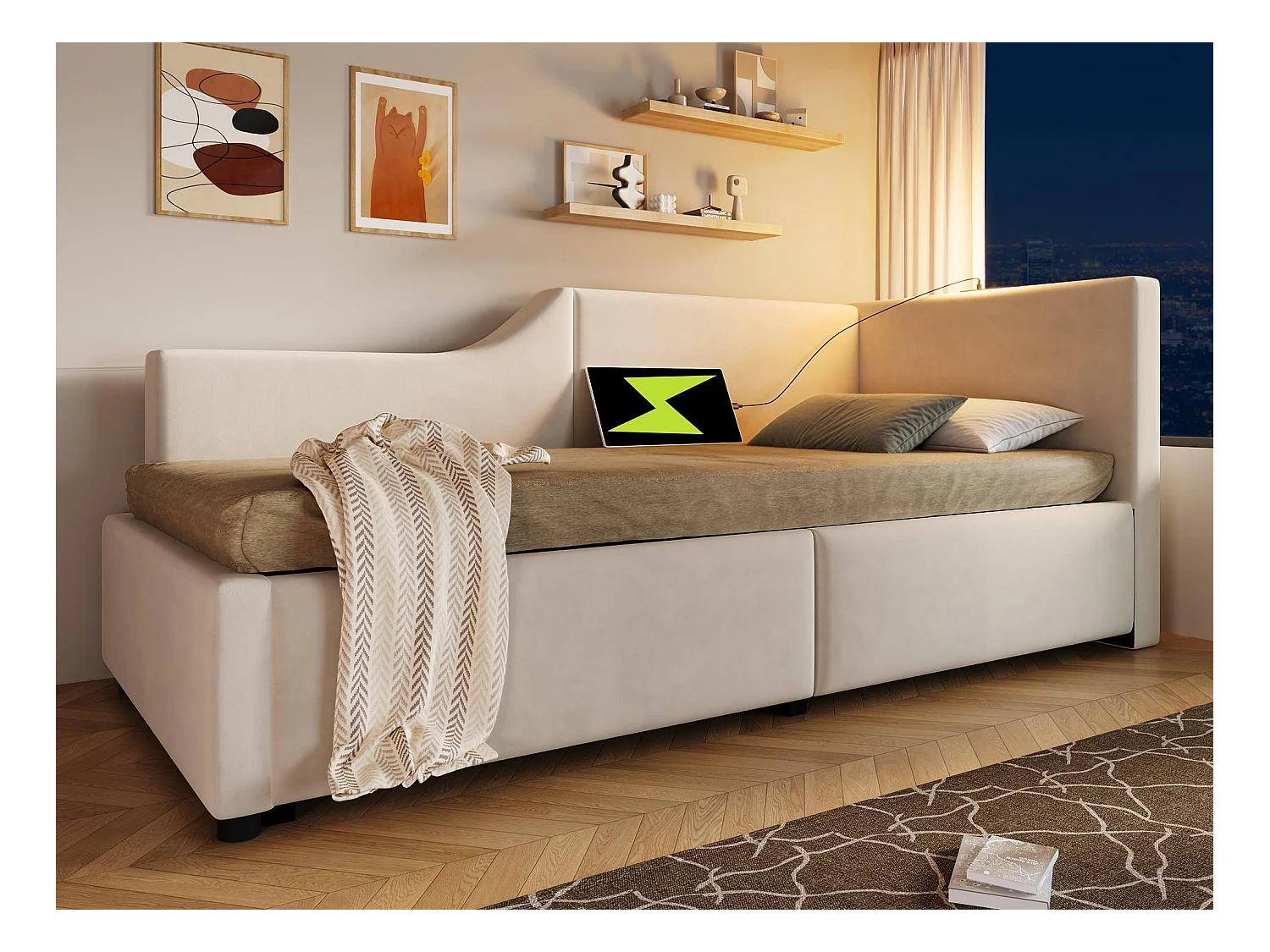 Lit coffre 90x190cm - Lit banquette en velours - avec liseuse et ports de charge - avec sommier à lattes - Beige