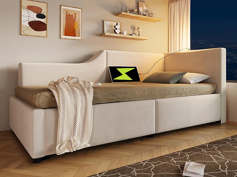Opbergbed 90x190cm - Fluwelen slaapbank - met leeslampje en oplaadpoorten - met lattenbodem - Beige