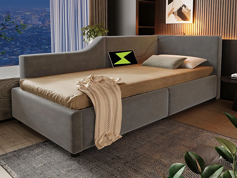 Bett mit Stauraum 90 x 190 cm – Schlafsofa aus Samt – mit Leselampe und Ladeanschlüssen – mit Lattenrost – Grau