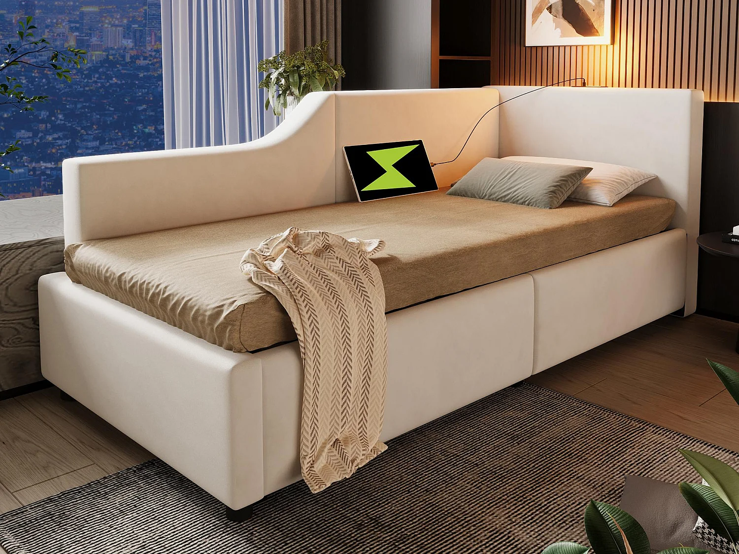 Opbergbed 90x200cm - Fluwelen slaapbank - met leeslampje en oplaadpoorten - met lattenbodem - Beige