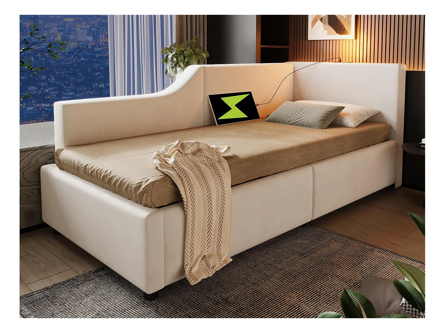 Lit coffre 90x200cm - Lit banquette en velours - avec liseuse et ports de charge - avec sommier à lattes - Beige