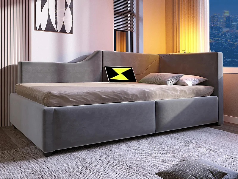 Lit coffre 90x200cm - Lit banquette en velours - avec liseuse et ports de charge - avec sommier à lattes - Gris