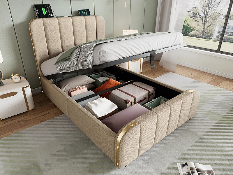 Opbergbed van 90x200cm in linnenstof - met USB & Type-C opladen - versierd met gouden strepen - Beige