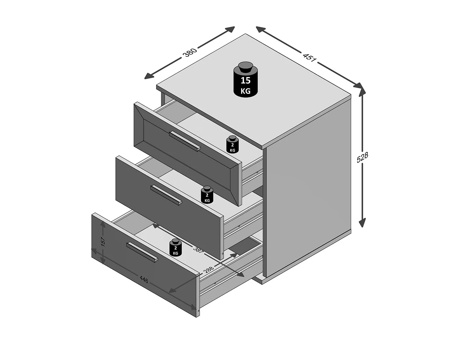 Mesa de cabeceira com 3 gavetas cor carvalho