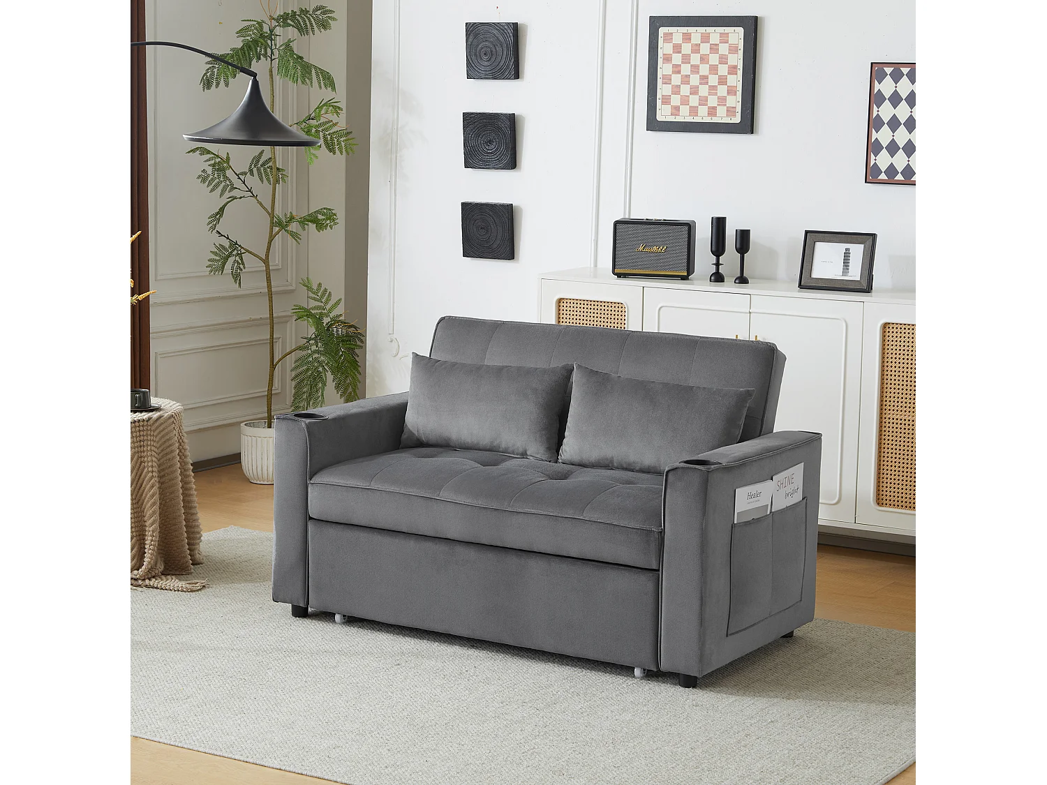 Sofá-cama dobrável ajustável multiângulo - 2 lugares - Tecido de veludo - com suporte para copos e almofadas - cinzento