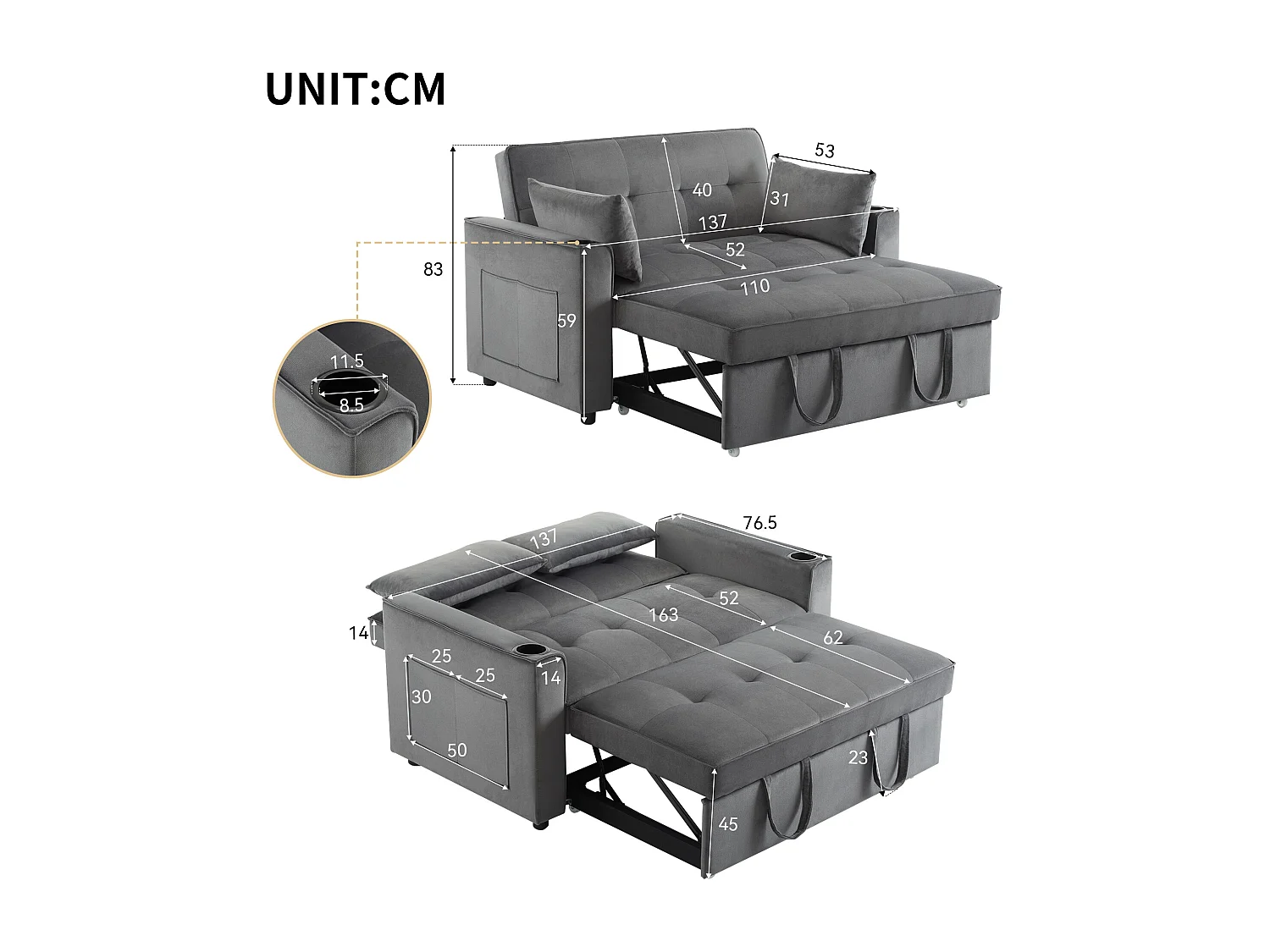 Sofá-cama dobrável ajustável multiângulo - 2 lugares - Tecido de veludo - com suporte para copos e almofadas - cinzento