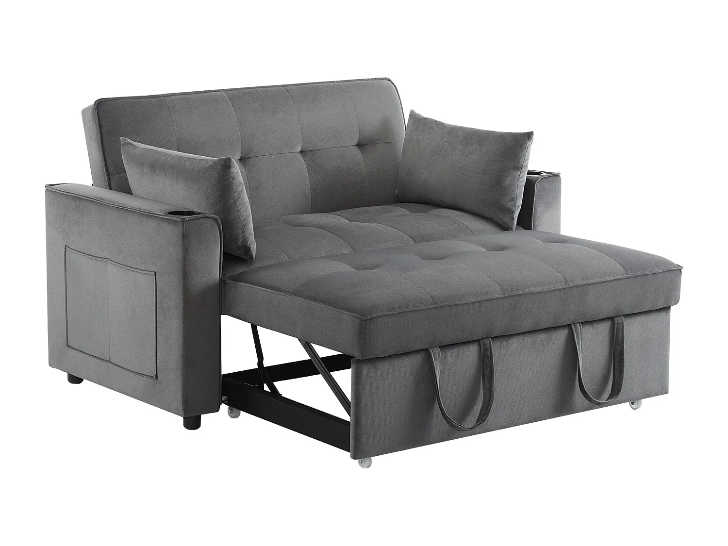 Sofá-cama dobrável ajustável multiângulo - 2 lugares - Tecido de veludo - com suporte para copos e almofadas - cinzento