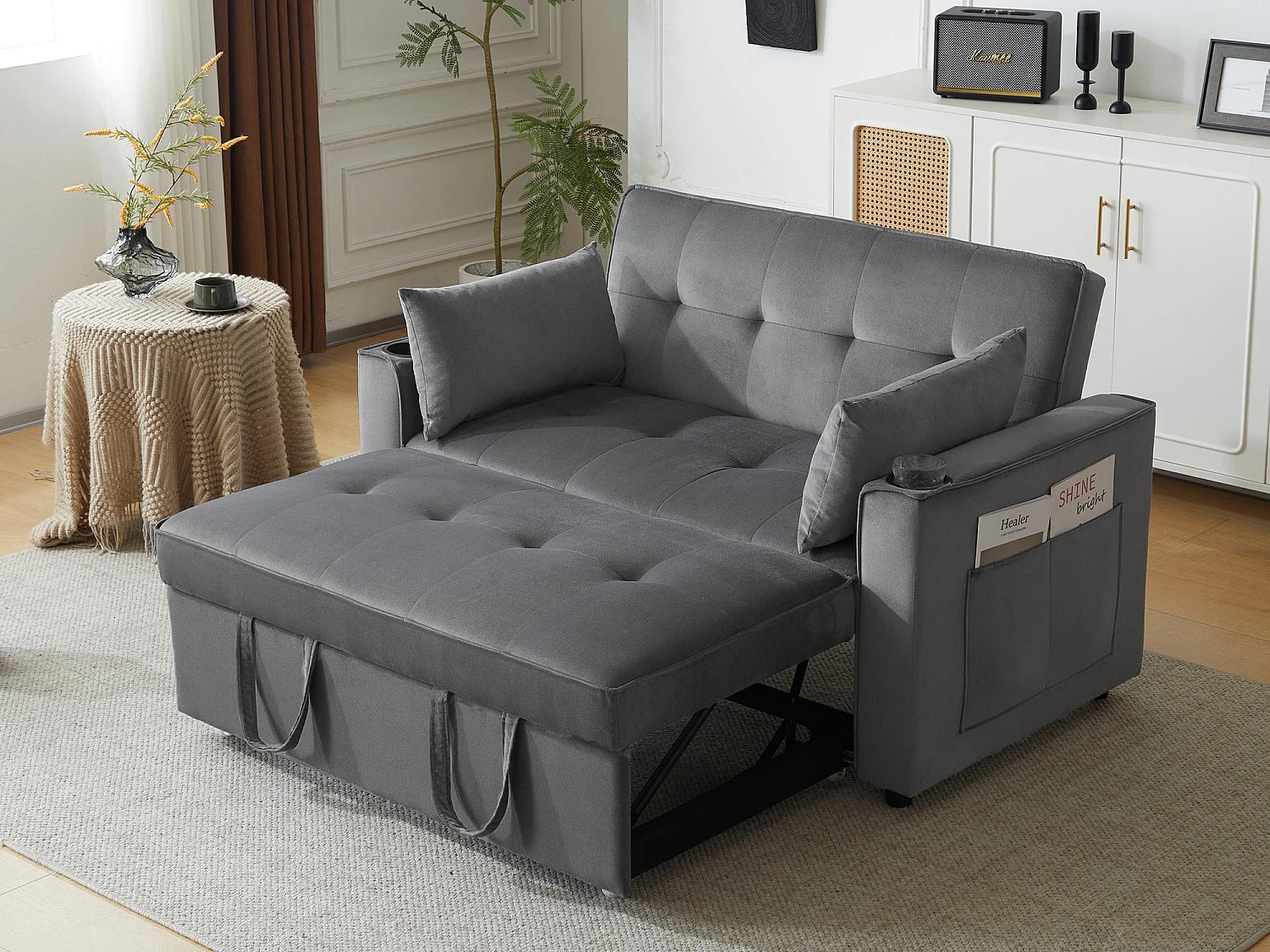 Canapé-lit pliant réglable multi-angles - 2 places - tissu en velours - avec porte-gobelet et oreillers - Gris