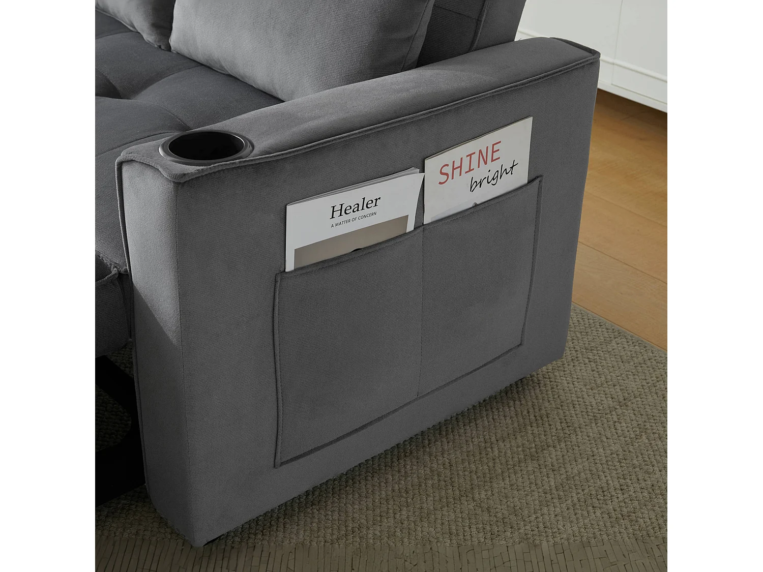 Canapé-lit pliant réglable multi-angles - 2 places - tissu en velours - avec porte-gobelet et oreillers - Gris