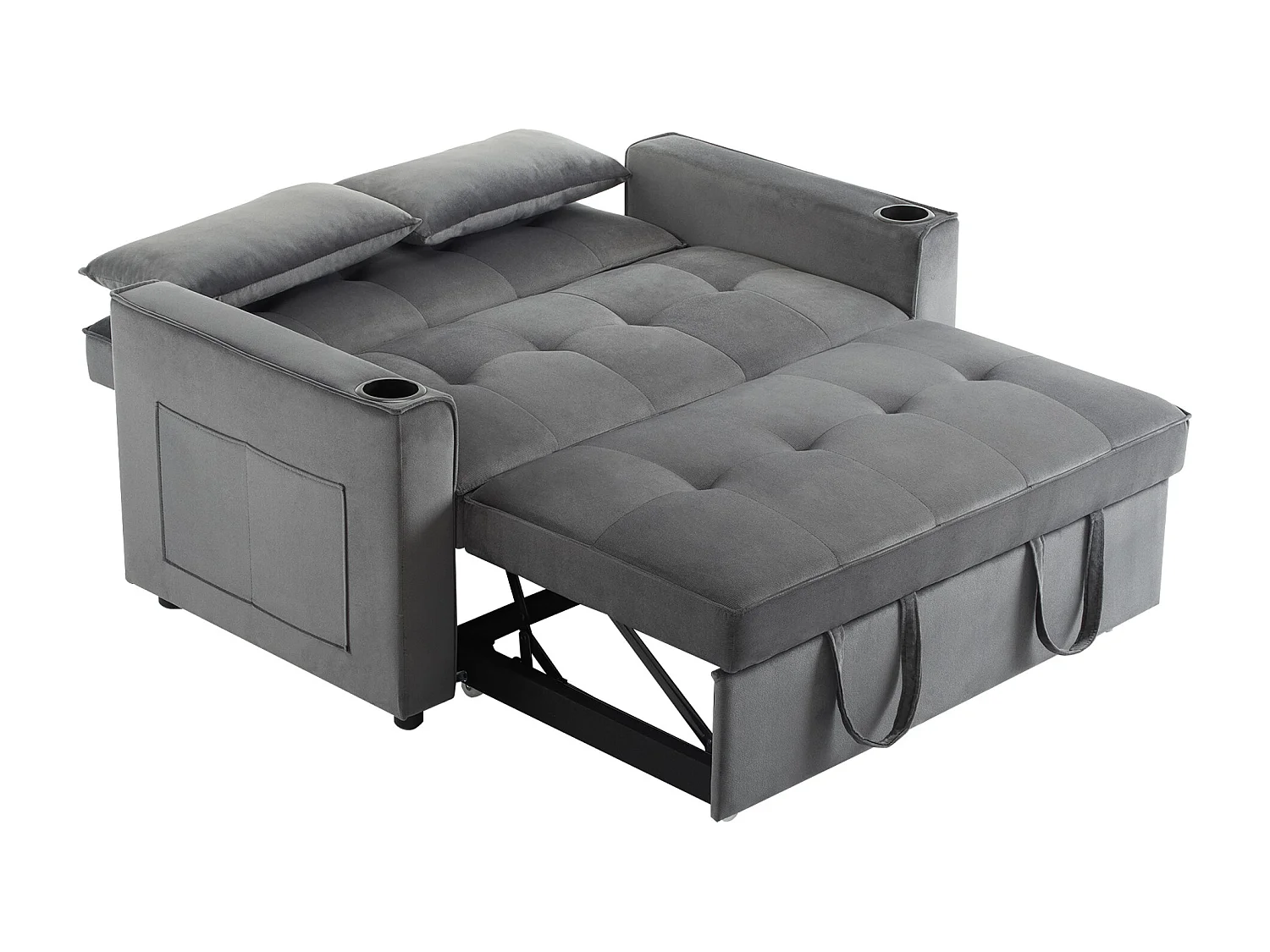 Canapé-lit pliant réglable multi-angles - 2 places - tissu en velours - avec porte-gobelet et oreillers - Gris