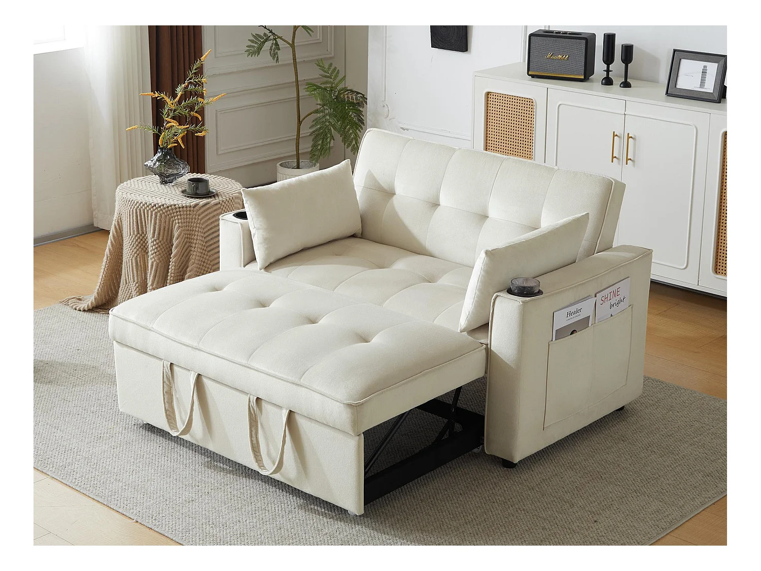 Canapé-lit pliant réglable multi-angles - 2 places - tissu en velours - avec porte-gobelet et oreillers - Beige