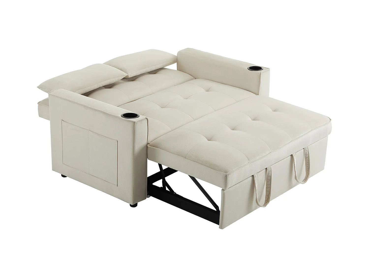 Canapé-lit pliant réglable multi-angles - 2 places - tissu en velours - avec porte-gobelet et oreillers - Beige