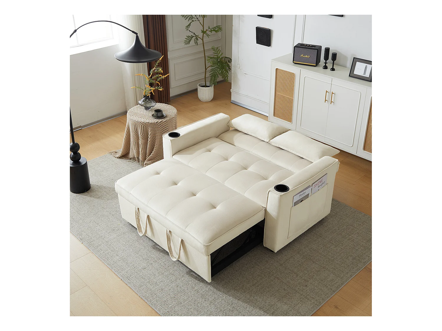 Canapé-lit pliant réglable multi-angles - 2 places - tissu en velours - avec porte-gobelet et oreillers - Beige