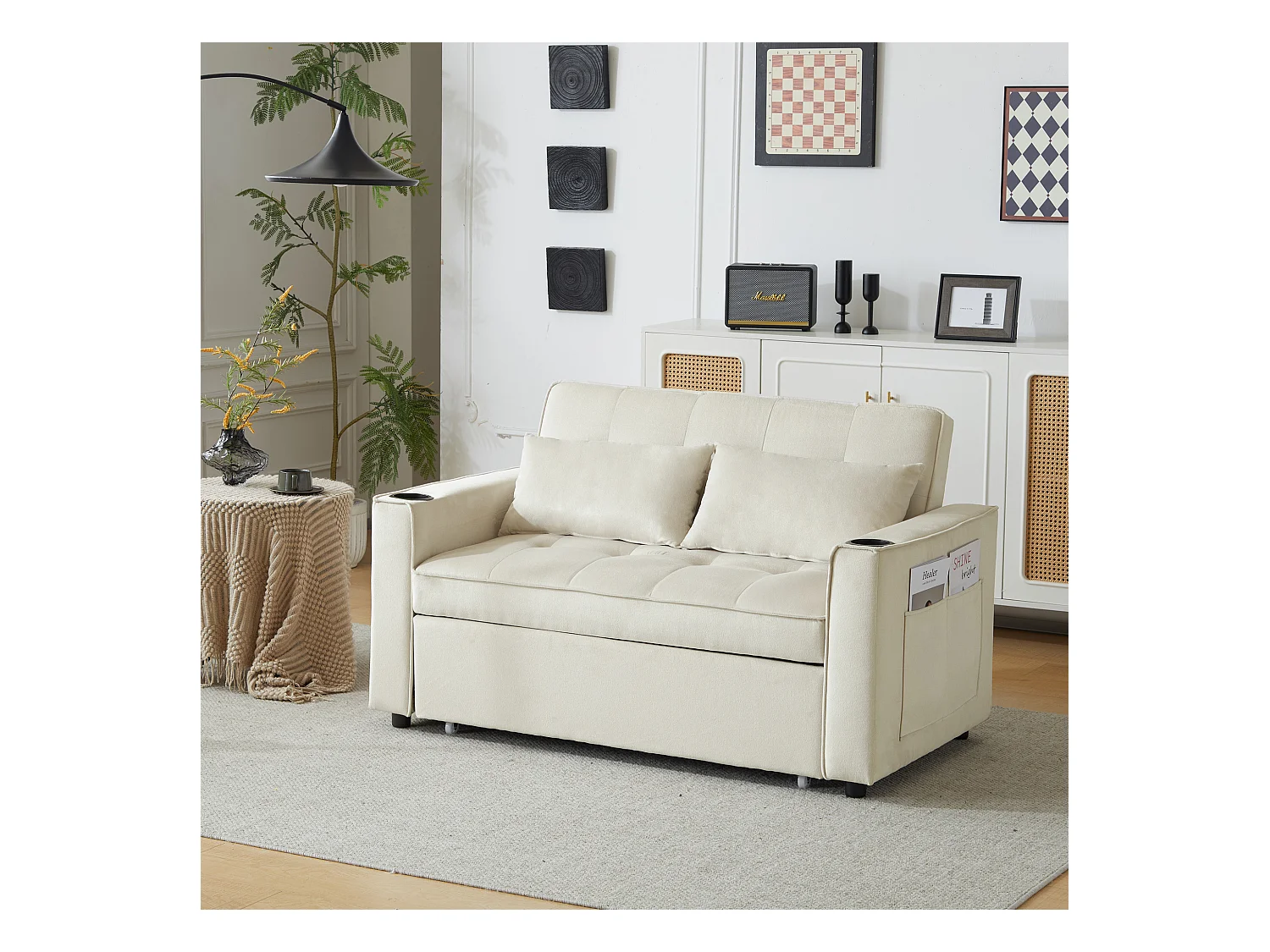 Canapé-lit pliant réglable multi-angles - 2 places - tissu en velours - avec porte-gobelet et oreillers - Beige