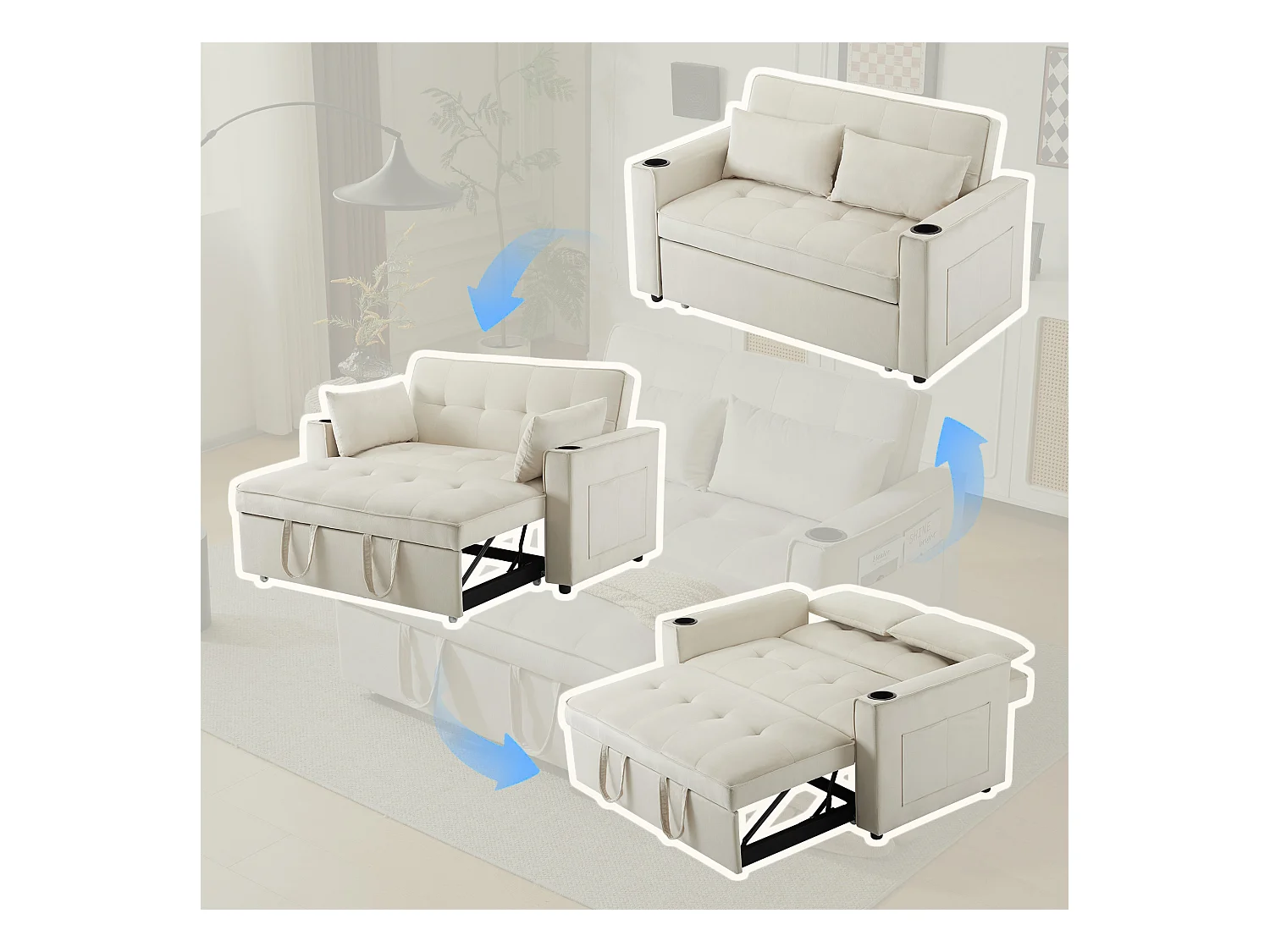 Canapé-lit pliant réglable multi-angles - 2 places - tissu en velours - avec porte-gobelet et oreillers - Beige