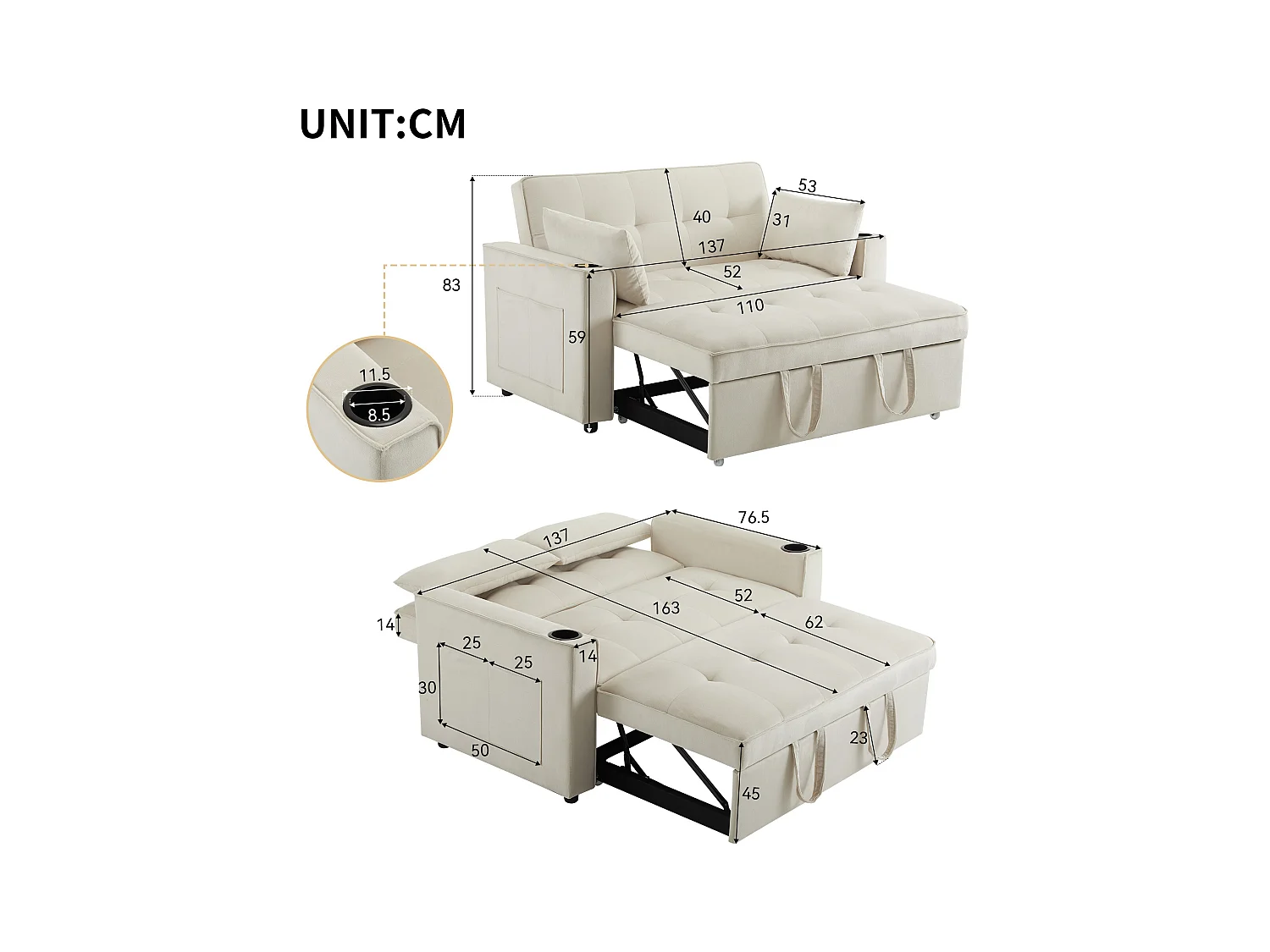 Canapé-lit pliant réglable multi-angles - 2 places - tissu en velours - avec porte-gobelet et oreillers - Beige