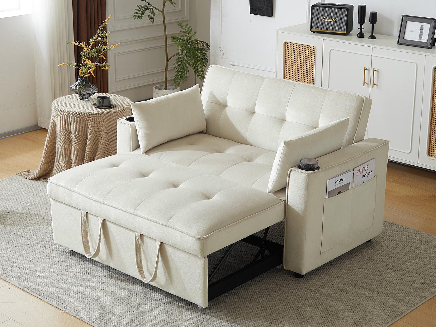 Canapé Convertible 2 Places Avec USB - Tissu Chenille Gris, Dossier Réglable, Rangement, 280 Kg