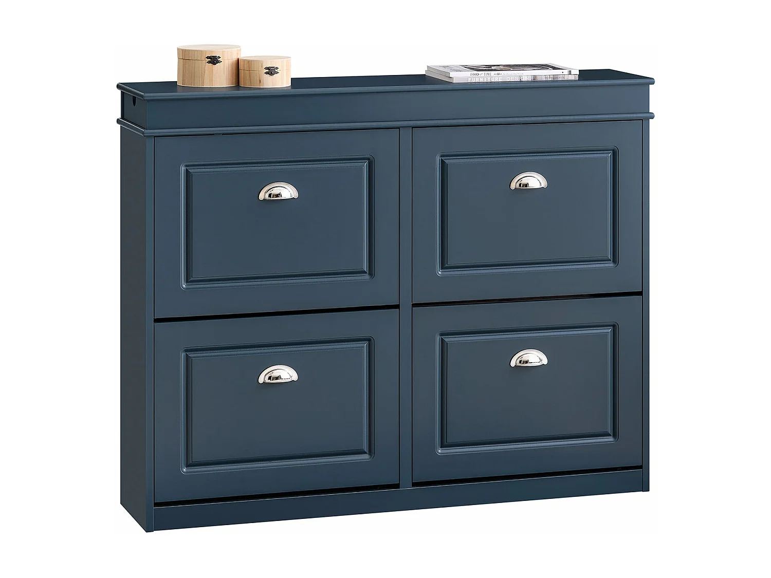 SoBuy Schoenenkast, schoenenopberger, entreekast, schoenenopbergkast, schoenenladekast met 4 kleppen, 1 lade en 1 haak, L104xD24xH83 cm, Blauw, FSR79-B