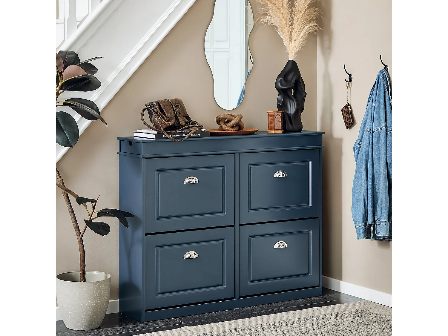 SoBuy Schoenenkast, schoenenopberger, entreekast, schoenenopbergkast, schoenenladekast met 4 kleppen, 1 lade en 1 haak, L104xD24xH83 cm, Blauw, FSR79-B