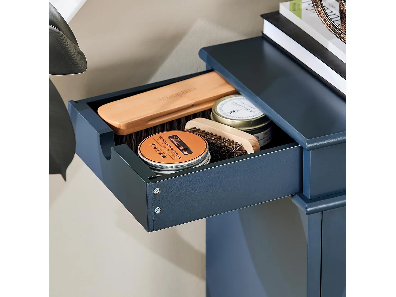 SoBuy Schoenenkast, schoenenopberger, entreekast, schoenenopbergkast, schoenenladekast met 4 kleppen, 1 lade en 1 haak, L104xD24xH83 cm, Blauw, FSR79-B