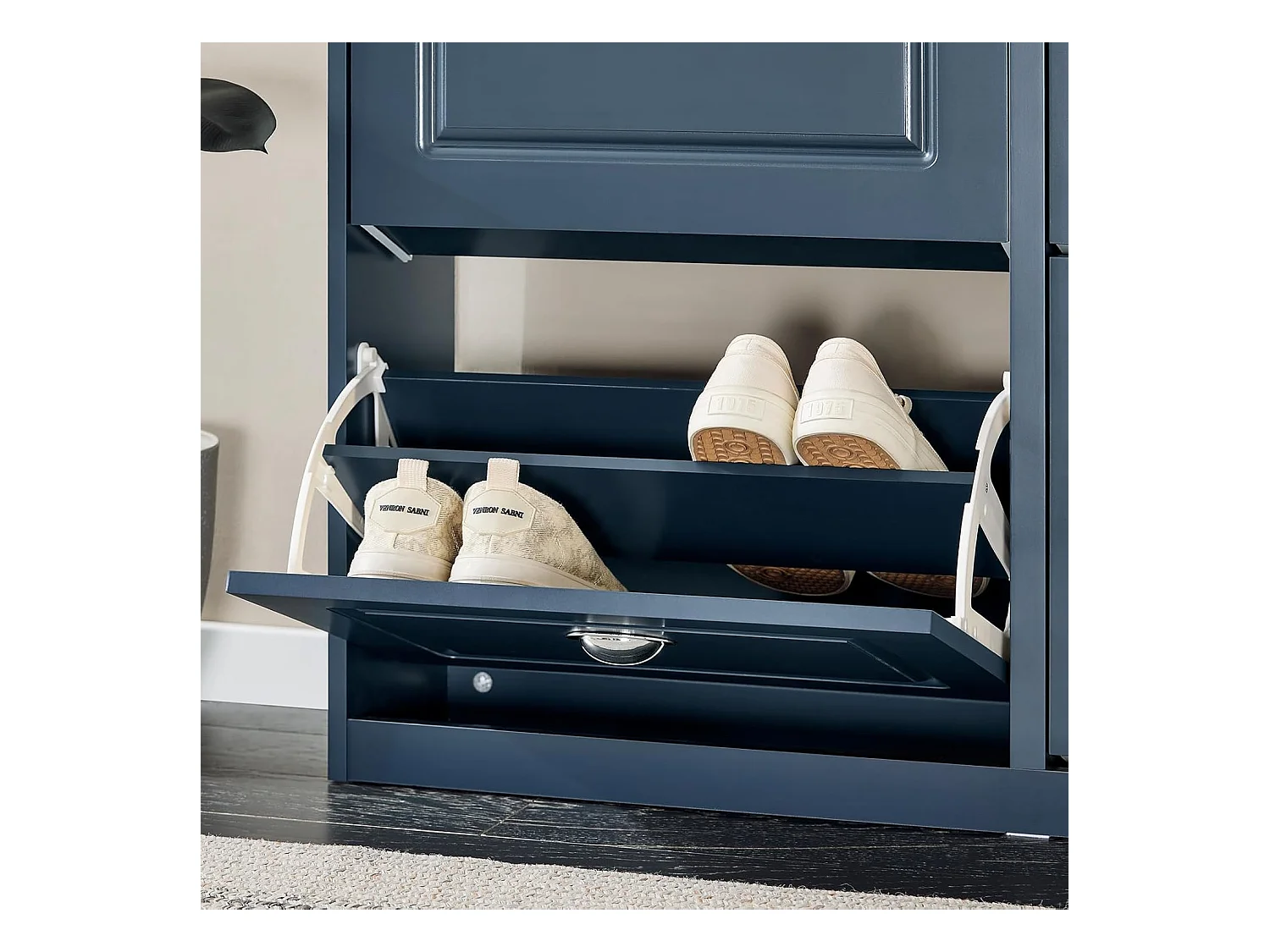 SoBuy Schoenenkast, schoenenopberger, entreekast, schoenenopbergkast, schoenenladekast met 4 kleppen, 1 lade en 1 haak, L104xD24xH83 cm, Blauw, FSR79-B