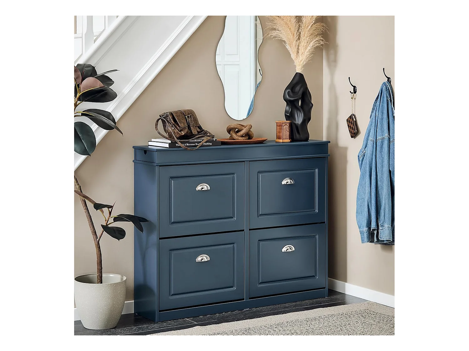 SoBuy Schoenenkast, schoenenopberger, entreekast, schoenenopbergkast, schoenenladekast met 4 kleppen, 1 lade en 1 haak, L104xD24xH83 cm, Blauw, FSR79-B