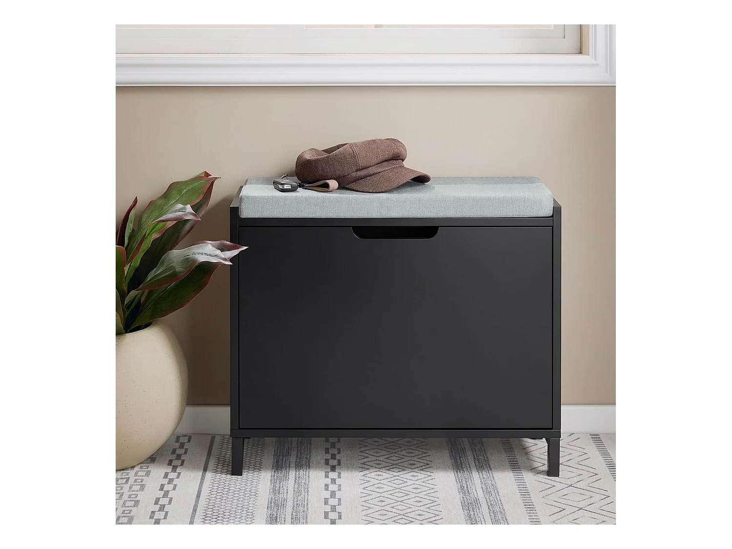 SoBuy Banc Chaussures, Rangement pour Chaussures, Armoire à Chaussures, Meuble d'entrée, Coffre avec 1 Abattants et 1 Coussin, Noir, L60xP24xH52 cm, FSR151-K-SCH