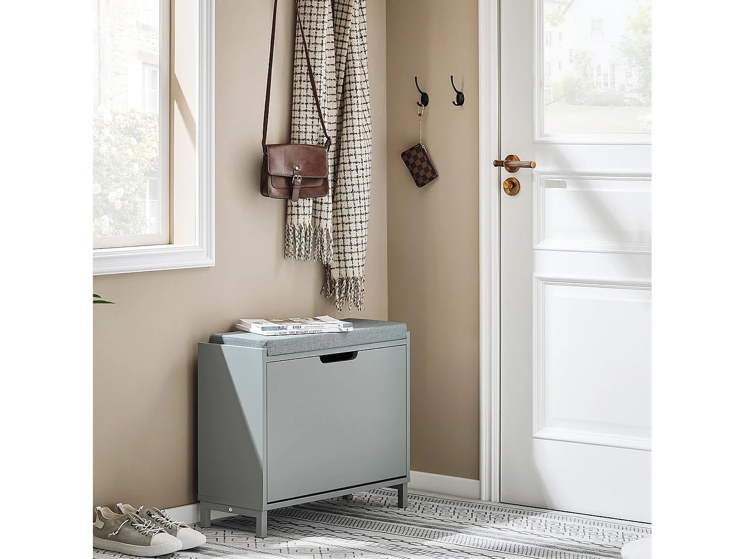 SoBuy Banc Chaussures, Rangement pour Chaussures, Armoire à Chaussures, Meuble d'entrée, Coffre avec 1 Abattants et 1 Coussin, Gris, L60xP24xH52 cm, FSR151-K-HG