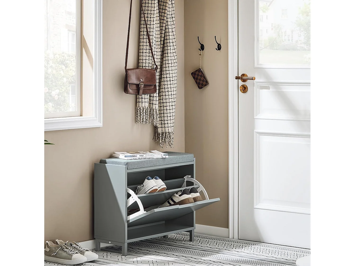 SoBuy Banc Chaussures, Rangement pour Chaussures, Armoire à Chaussures, Meuble d'entrée, Coffre avec 1 Abattants et 1 Coussin, Gris, L60xP24xH52 cm, FSR151-K-HG