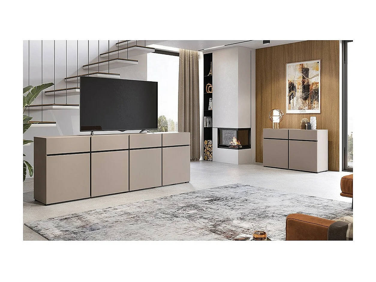 Buffet XL coloris beige et noir 225cm collection HAVANA. Bahut  design avec 4 portes et 4 tiroirs.