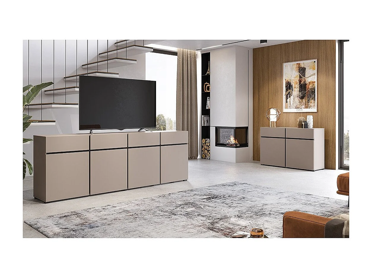 Buffet XL kleur beige en zwart 225cm collectie HAVANA. Dressoir design met 4 deuren en 4 laden.
