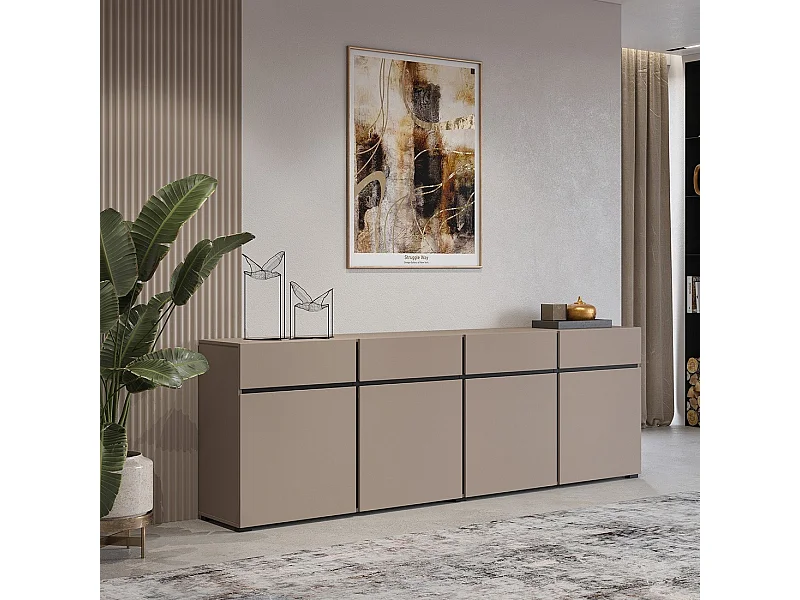 Buffet XL coloris beige et noir 225cm collection HAVANA. Bahut  design avec 4 portes et 4 tiroirs.