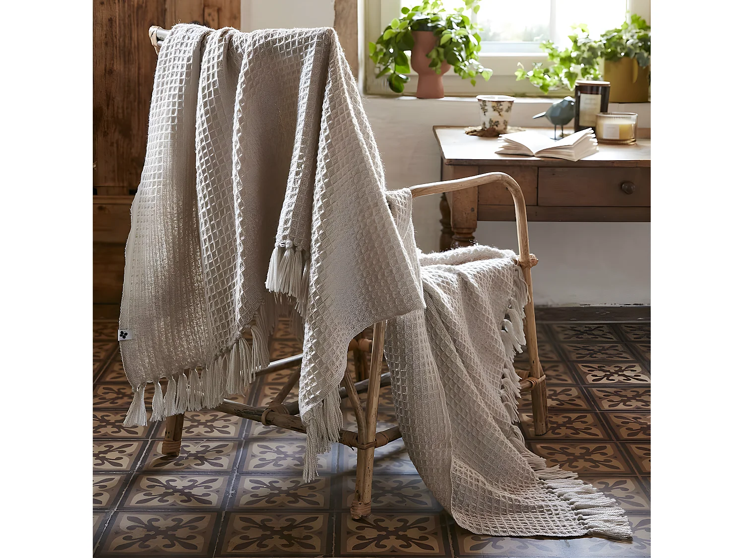 KARL - Plaid à Franges 100% Recyclé Tissage Nid d'abeilles 130x160cm Pampa