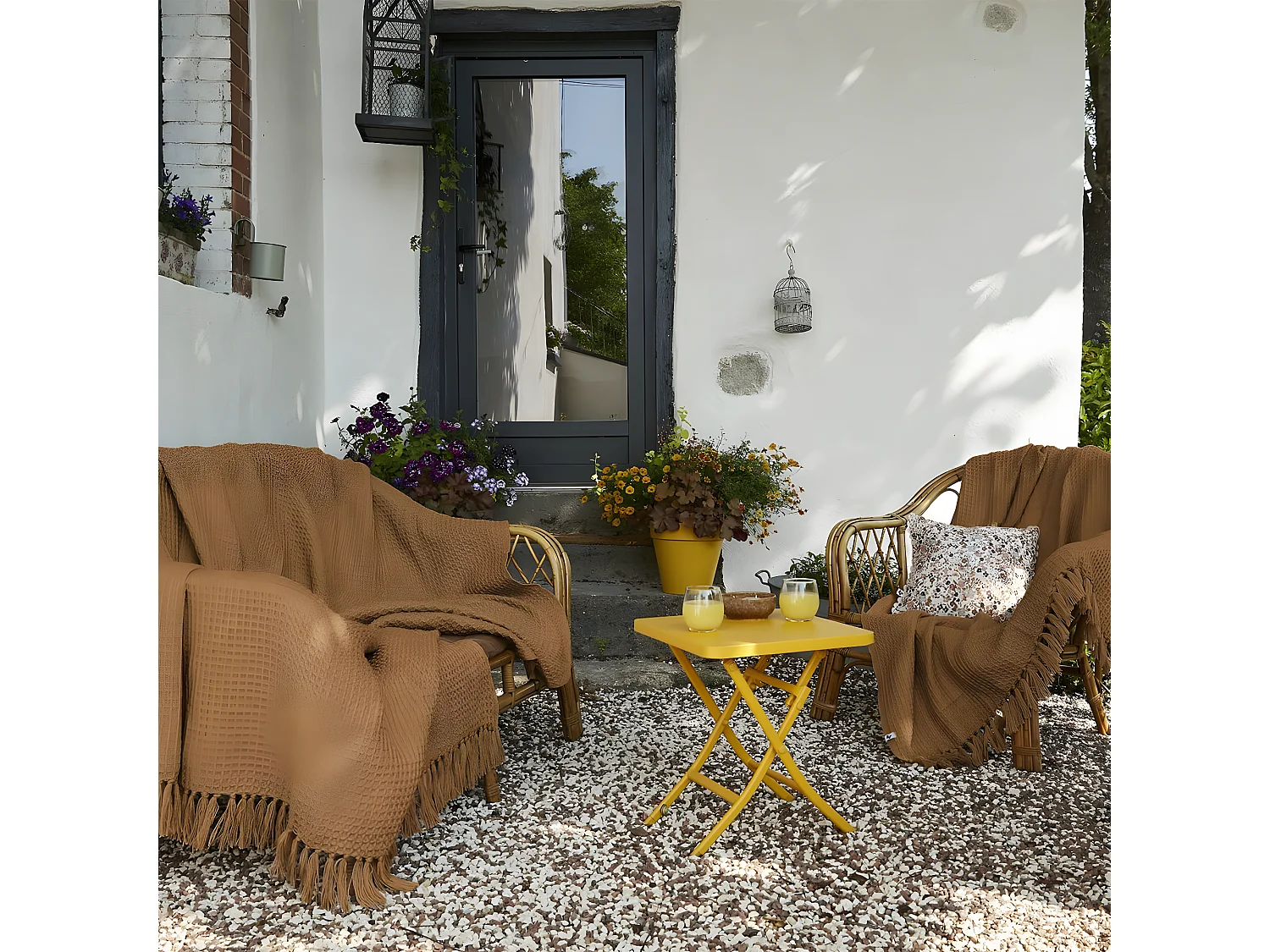 KARL - Plaid à Franges 100% Recyclé Tissage Nid d'abeilles 130x160cm Camel