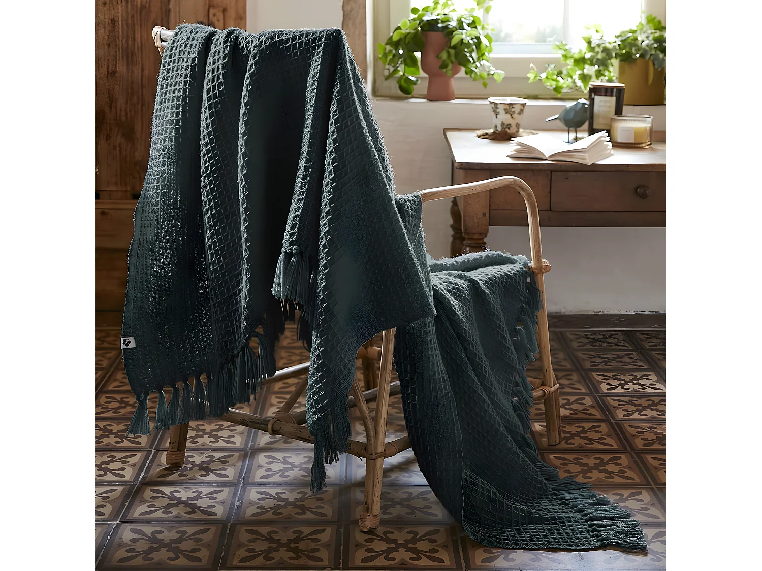 KARL - Plaid à Franges 100% Recyclé Tissage Nid d'abeilles 130x160cm Ardoise