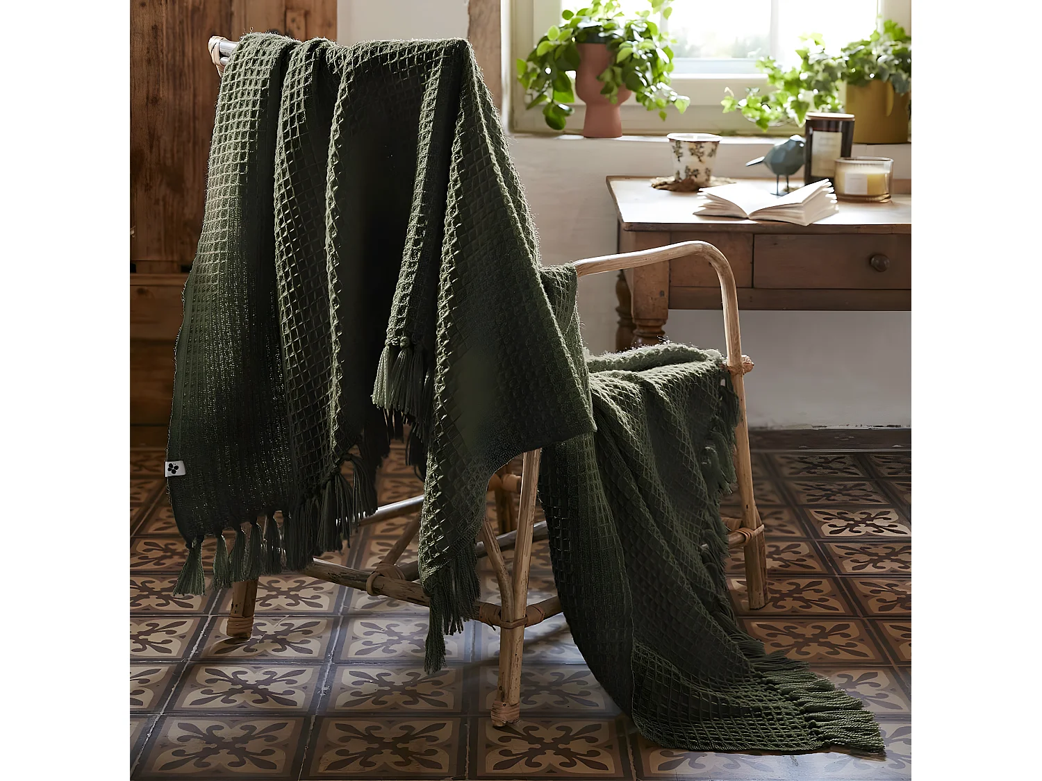 KARL - Plaid à Franges 100% Recyclé Tissage Nid d'abeilles 130x160cm Thym