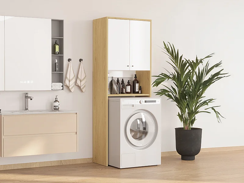 Meuble pour machine à laver avec double portes - L65 x H180 cm - Blanc et naturel clair - WORIKA